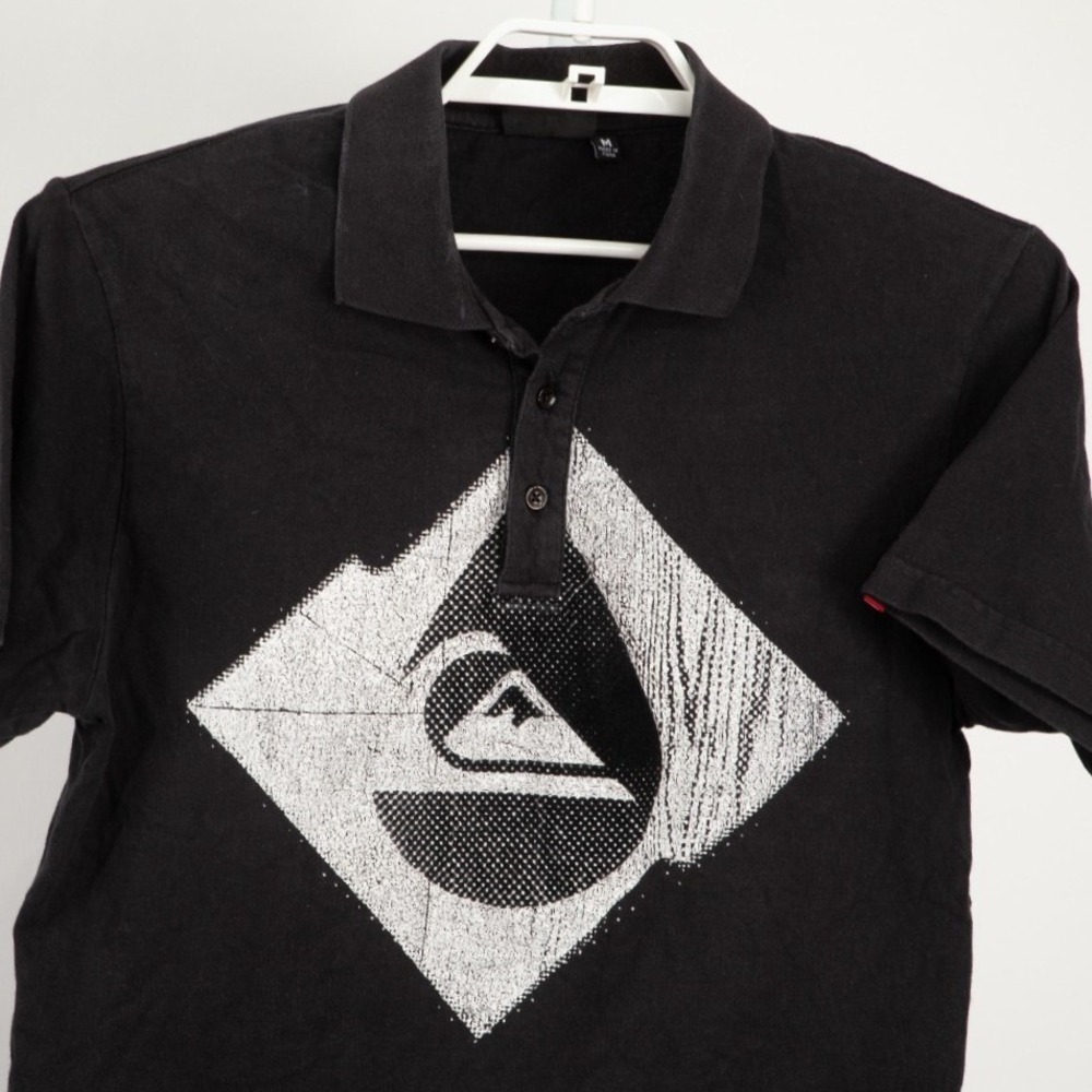 Quiksilver Polo Shirt Mens Medium Black Slim Fit Graphic Short Sleeve Cotton